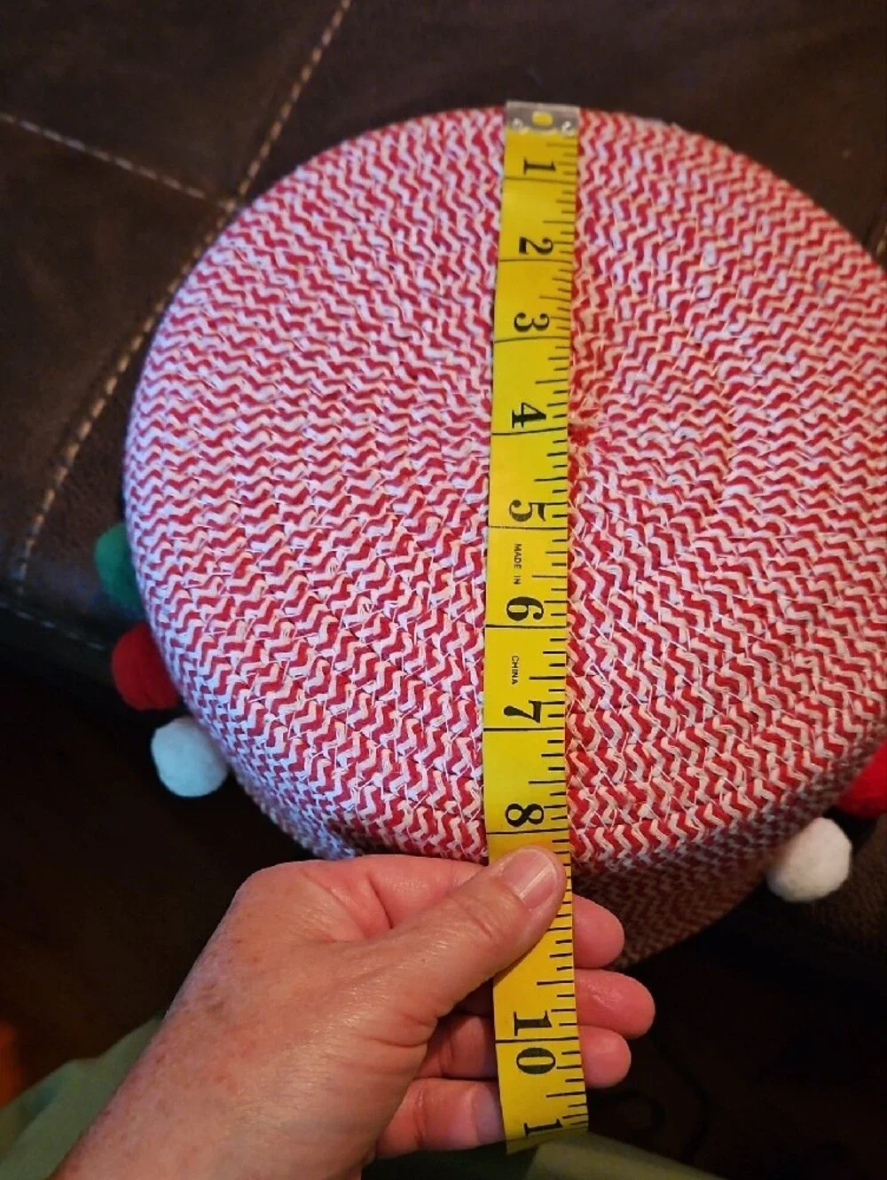 Red Woven Rope Basket with Pom-Pom Trim